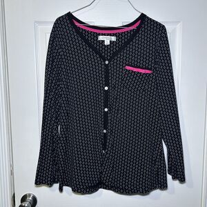 Company Ellen Tracy Pajama Top Women's Large Black Polka Dot Button Long Sleeve
